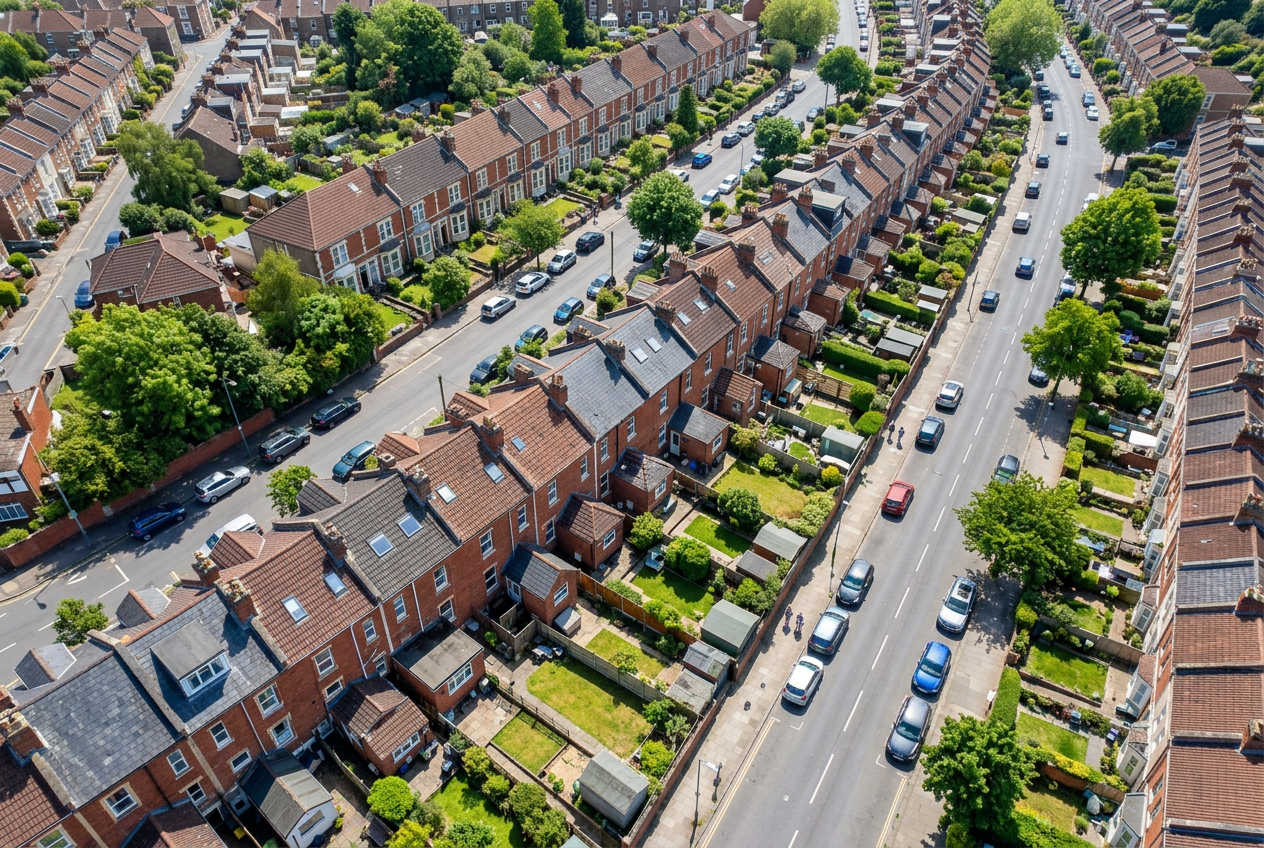 Aerial view of UK terraced housing rooftops