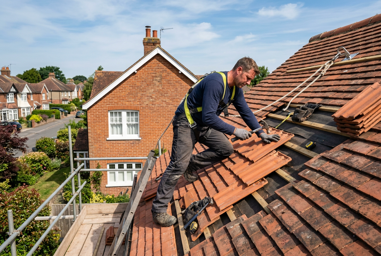 Professional roofer working on a pitched roof